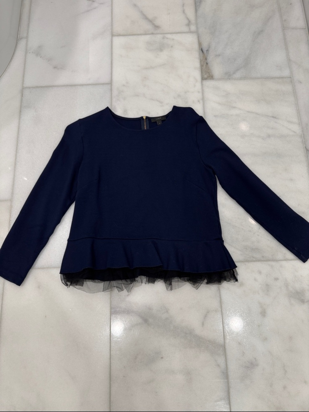 J. Crew Navy Long-Sleeve Peplum Top with Tulle Hem